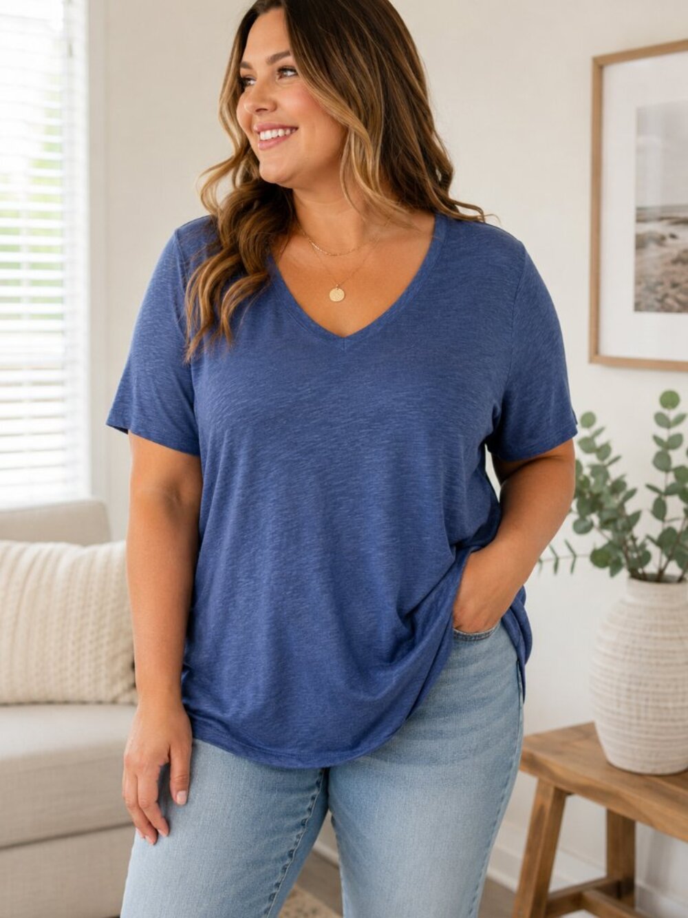 Tahari Womens Plus Size Blue V Neck Top Linen Lyocell Relaxed Fit - Picture 1 of 11
